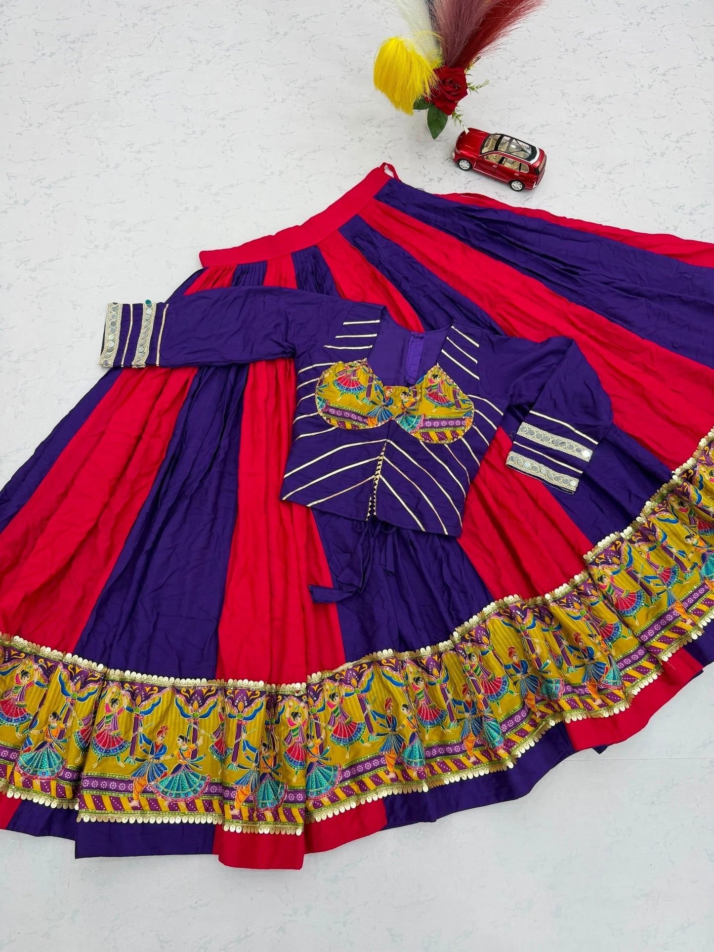 Purple Pink Designer Lehenga Choli for Women with Real Mirror Work Printed Flared Lehenga for Navratri