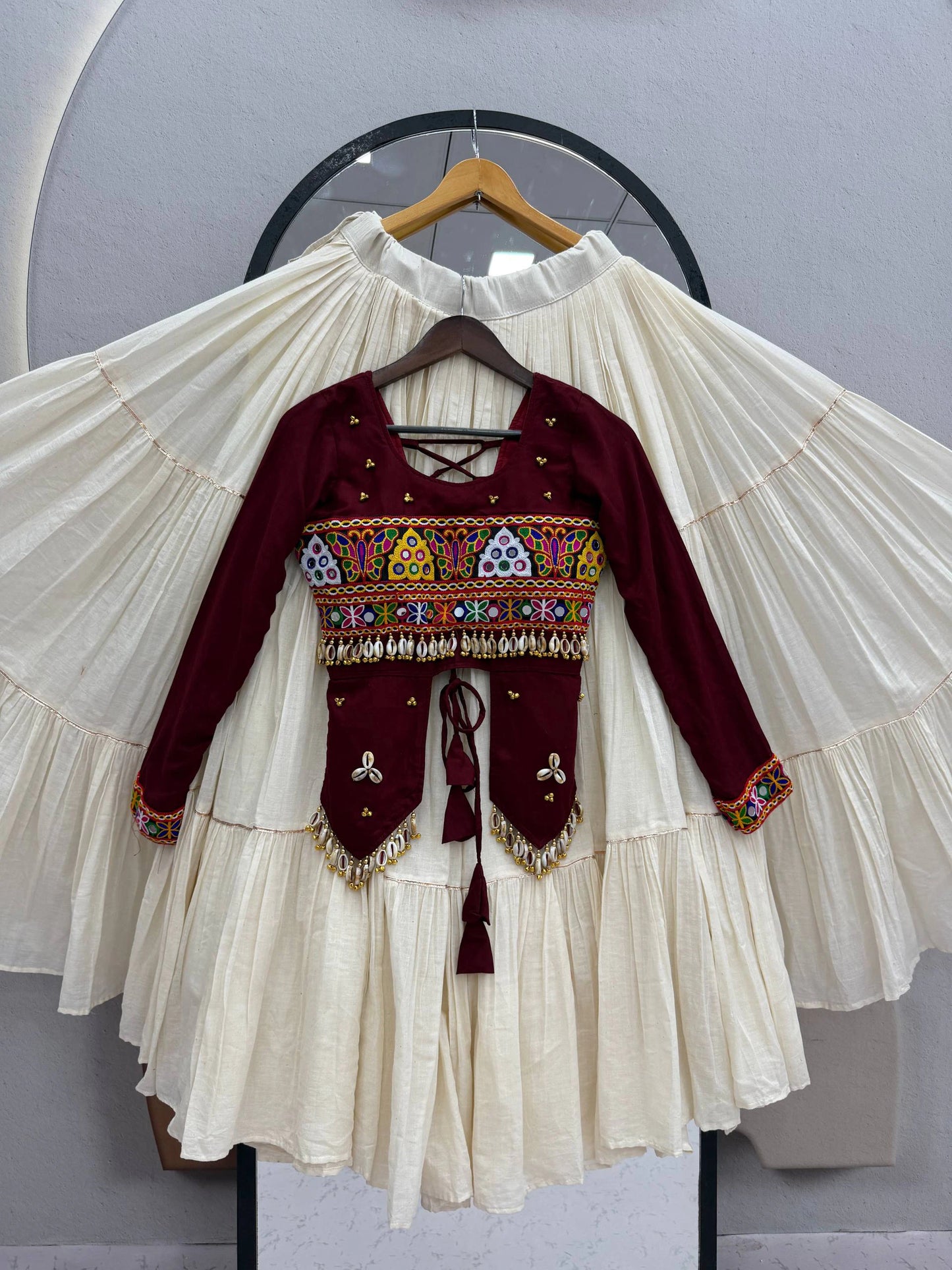 Maroon Gujarati Designer Lehenga Choli for Women with Heavy Hand Work Real Kodi and Gamthi Work for Navratri (Copy)