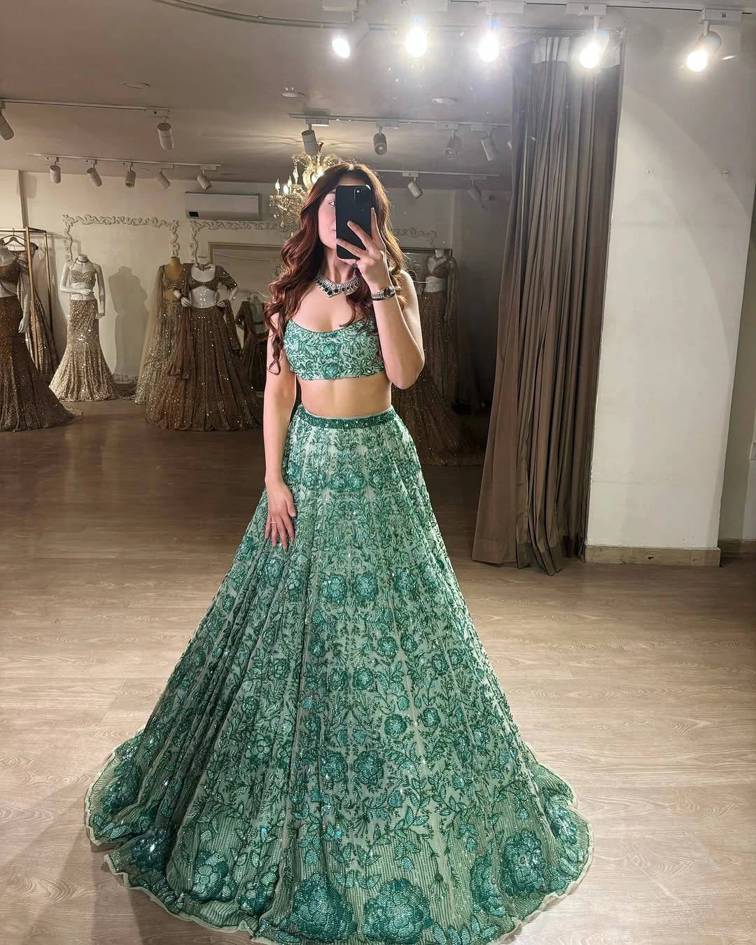Green Georgette Rainbow Sequin Lehenga Choli with Net Dupatta for Women Wedding Festive Party Wear