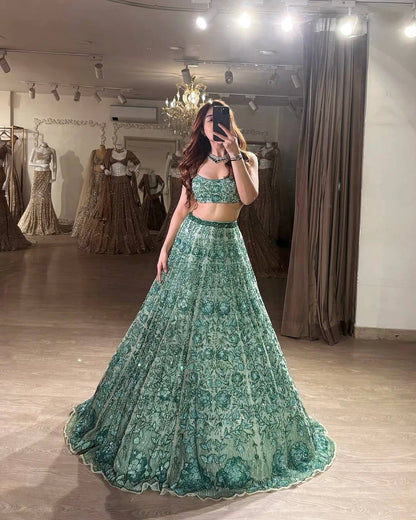 Green Georgette Rainbow Sequin Lehenga Choli with Net Dupatta for Women Wedding Festive Party Wear