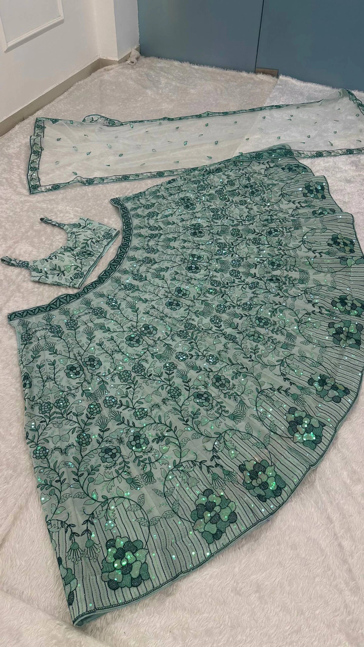 Green Georgette Rainbow Sequin Lehenga Choli with Net Dupatta for Women Wedding Festive Party Wear