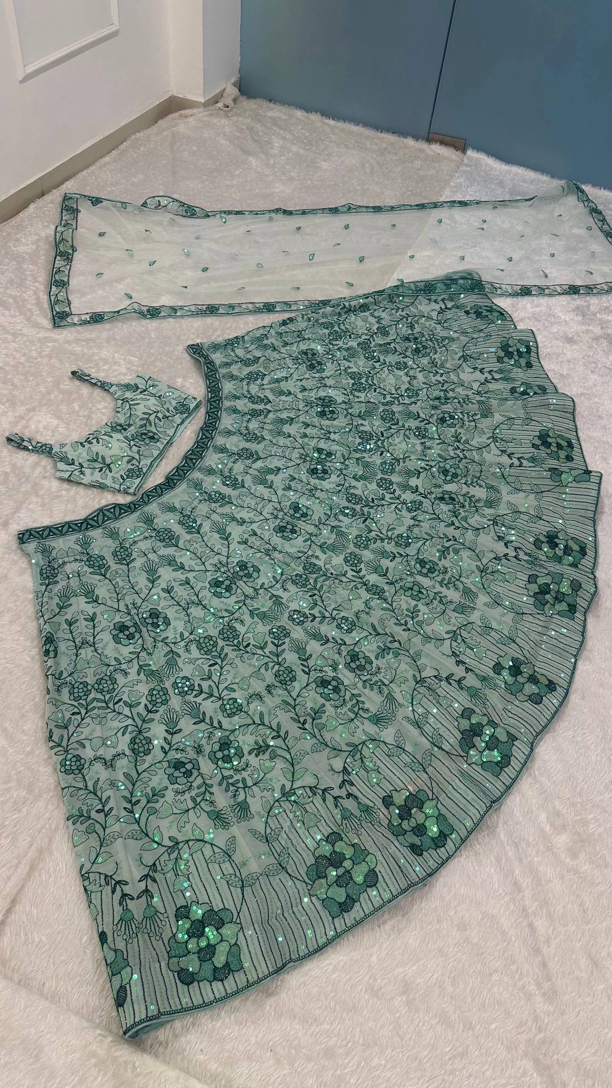 Green Georgette Rainbow Sequin Lehenga Choli with Net Dupatta for Women Wedding Festive Party Wear