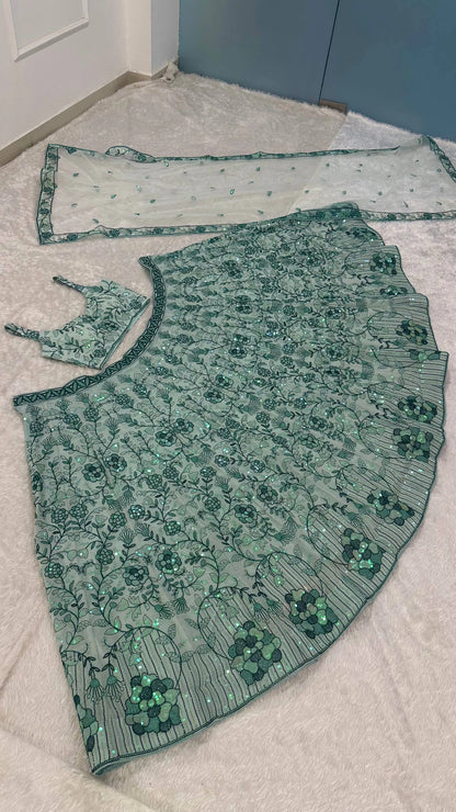 Green Georgette Rainbow Sequin Lehenga Choli with Net Dupatta for Women Wedding Festive Party Wear