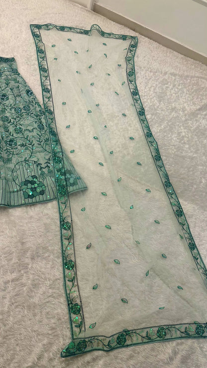 Green Georgette Rainbow Sequin Lehenga Choli with Net Dupatta for Women Wedding Festive Party Wear