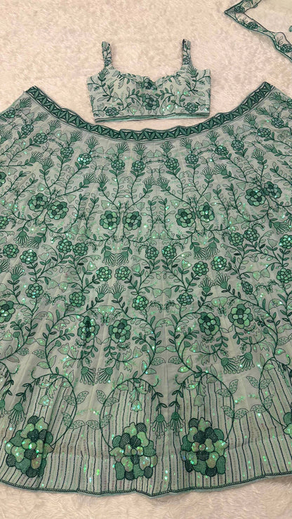 Green Georgette Rainbow Sequin Lehenga Choli with Net Dupatta for Women Wedding Festive Party Wear