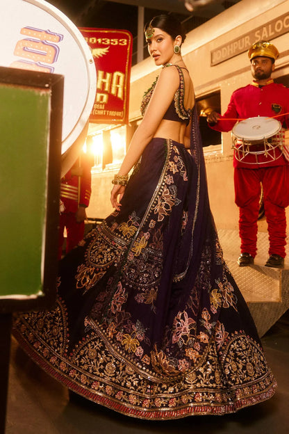 Royal Violet Kasturi Silk Lehenga with Multi Thread Dori and Sequin Work