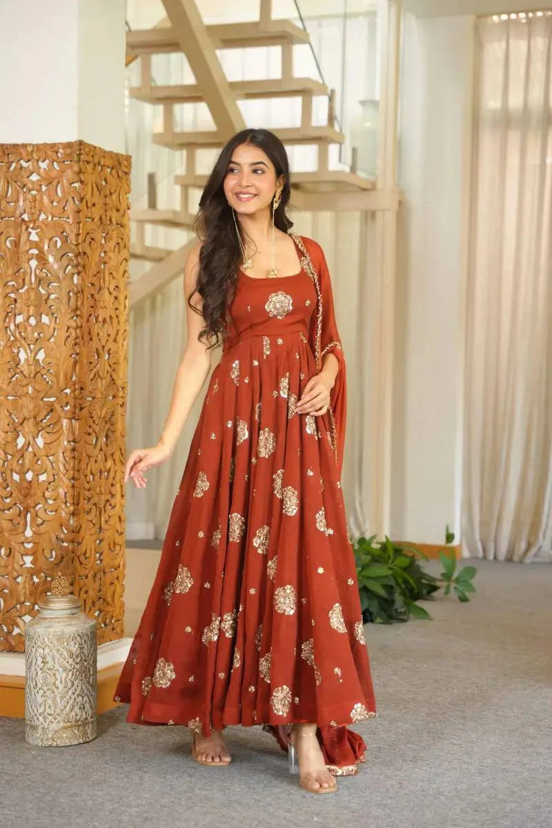 Rust Red Embroidered Anarkali Suit Set with Dupatta for Women Festive Wedding Party Wear Ethnic Dress
