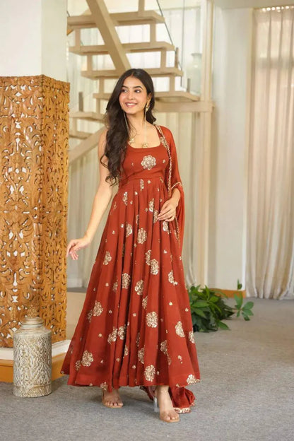 Rust Red Embroidered Anarkali Suit Set with Dupatta for Women Festive Wedding Party Wear Ethnic Dress