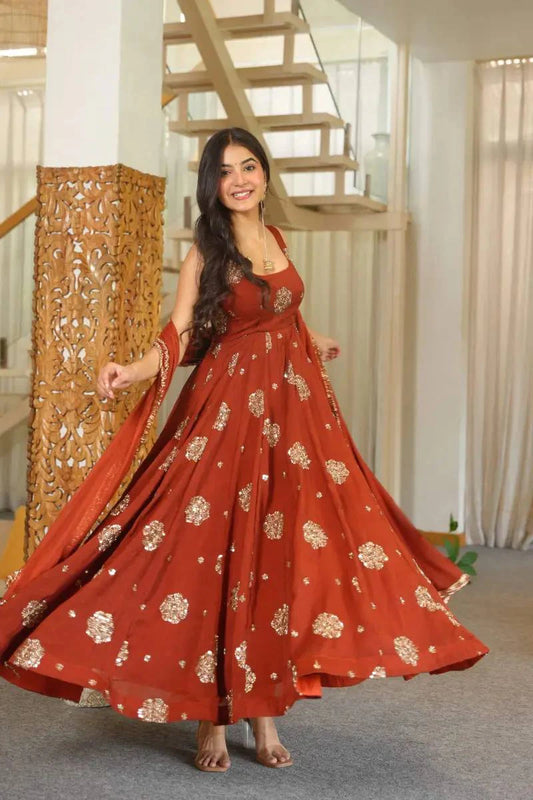 Rust Red Embroidered Anarkali Suit Set with Dupatta for Women Festive Wedding Party Wear Ethnic Dress