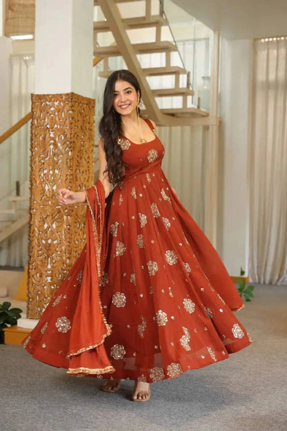 Rust Red Embroidered Anarkali Suit Set with Dupatta for Women Festive Wedding Party Wear Ethnic Dress