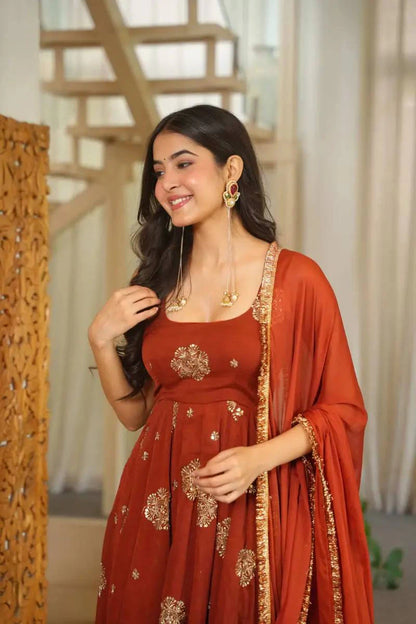 Rust Red Embroidered Anarkali Suit Set with Dupatta for Women Festive Wedding Party Wear Ethnic Dress