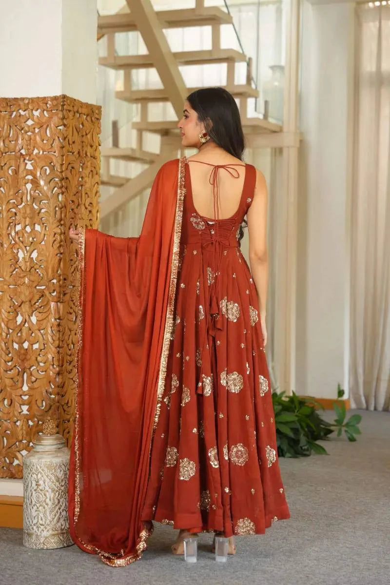 Rust Red Embroidered Anarkali Suit Set with Dupatta for Women Festive Wedding Party Wear Ethnic Dress