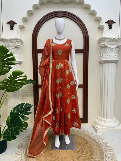 Rust Red Embroidered Anarkali Suit Set with Dupatta for Women Festive Wedding Party Wear Ethnic Dress