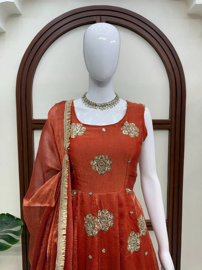 Rust Red Embroidered Anarkali Suit Set with Dupatta for Women Festive Wedding Party Wear Ethnic Dress