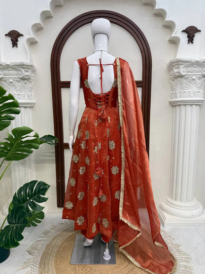 Rust Red Embroidered Anarkali Suit Set with Dupatta for Women Festive Wedding Party Wear Ethnic Dress