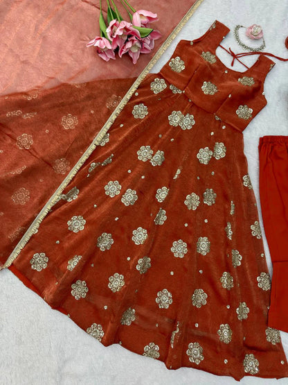 Rust Red Embroidered Anarkali Suit Set with Dupatta for Women Festive Wedding Party Wear Ethnic Dress