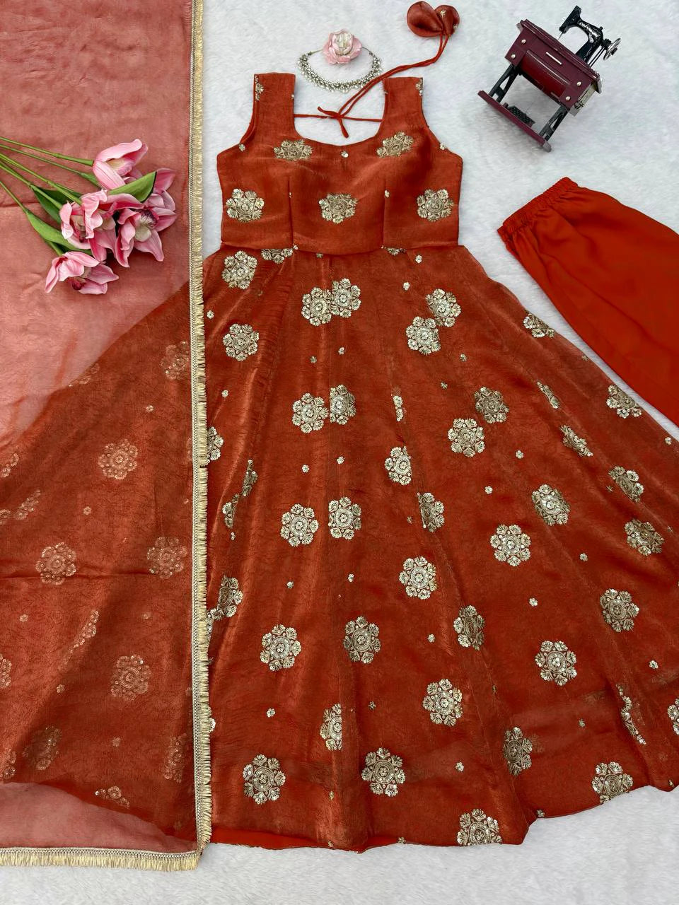 Rust Red Embroidered Anarkali Suit Set with Dupatta for Women Festive Wedding Party Wear Ethnic Dress