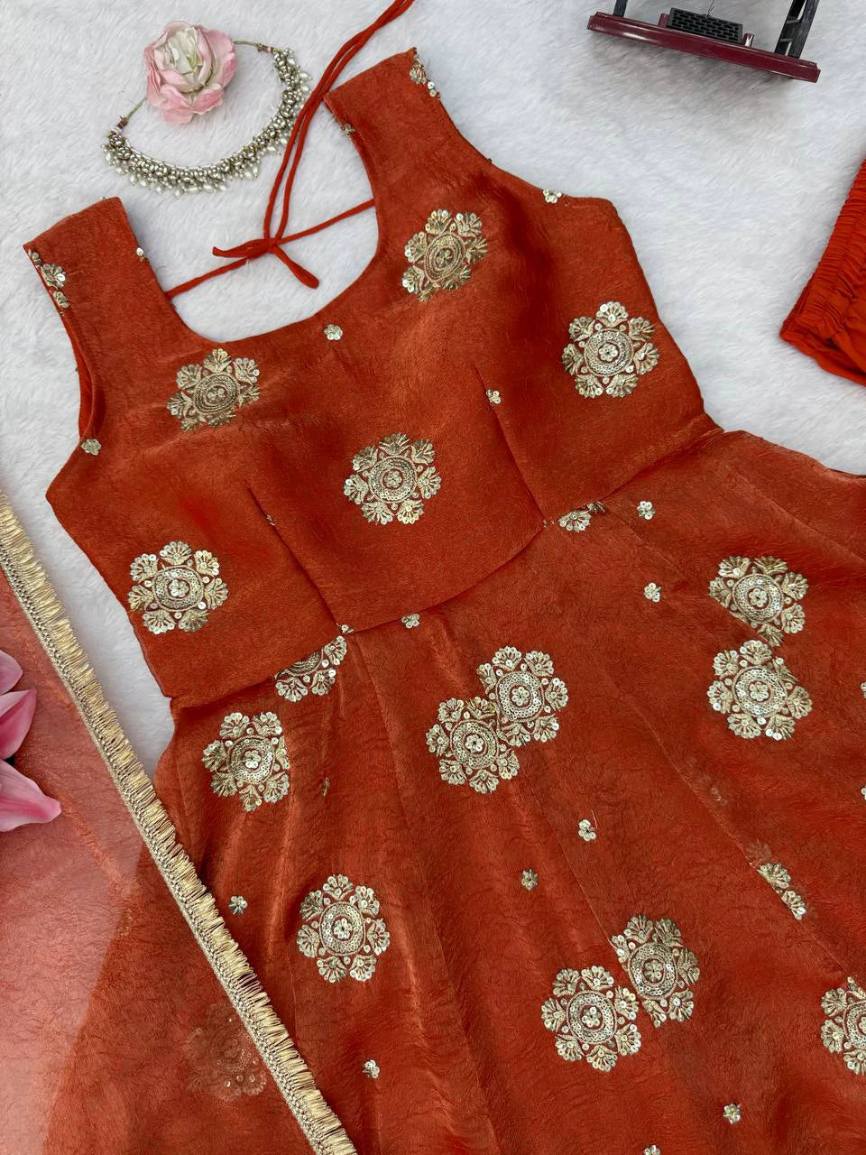 Rust Red Embroidered Anarkali Suit Set with Dupatta for Women Festive Wedding Party Wear Ethnic Dress