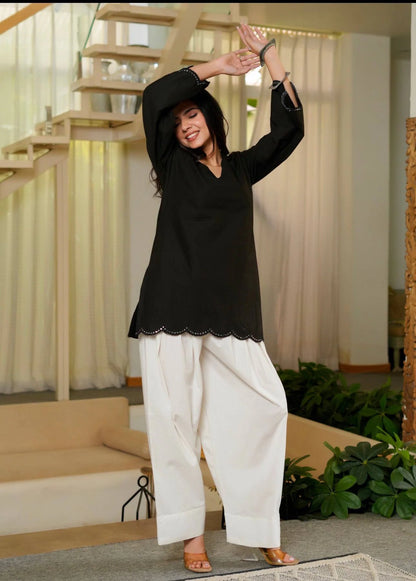 Black Heavy Roman Silk Top with Farshi Salwar Set for Women Party Wear Festive Ethnic Dress