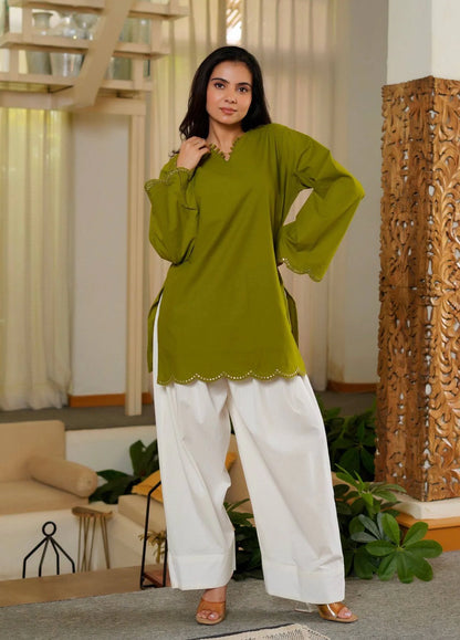 Olive Green Heavy Roman Silk Top with Farshi Salwar Set for Women Party Wear Festive Ethnic Dress
