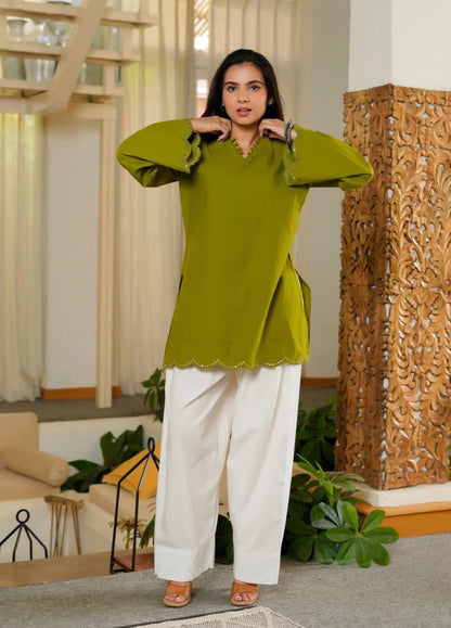 Olive Green Heavy Roman Silk Top with Farshi Salwar Set for Women Party Wear Festive Ethnic Dress