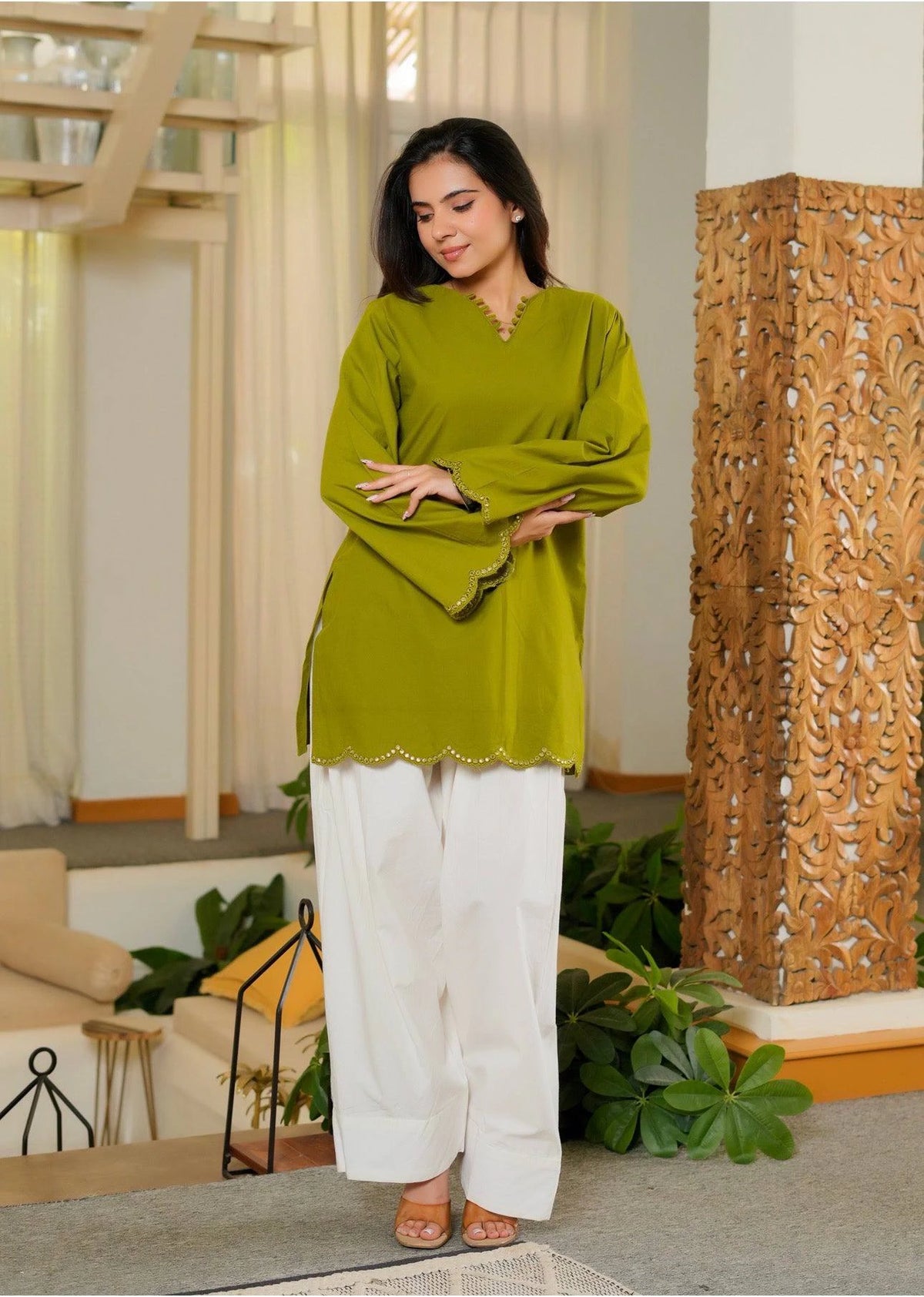 Olive Green Heavy Roman Silk Top with Farshi Salwar Set for Women Party Wear Festive Ethnic Dress