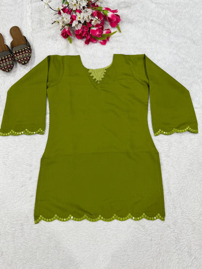 Olive Green Heavy Roman Silk Top with Farshi Salwar Set for Women Party Wear Festive Ethnic Dress
