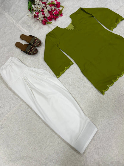 Olive Green Heavy Roman Silk Top with Farshi Salwar Set for Women Party Wear Festive Ethnic Dress