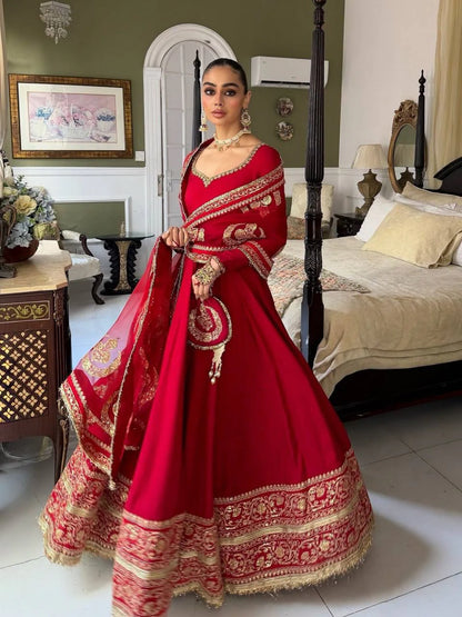 Red Designer Anarkali Suit Set with Dupatta for Women Wedding Festive Party Wear Ethnic Dress