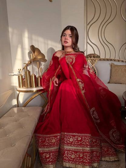 Red Designer Anarkali Suit Set with Dupatta for Women Wedding Festive Party Wear Ethnic Dress
