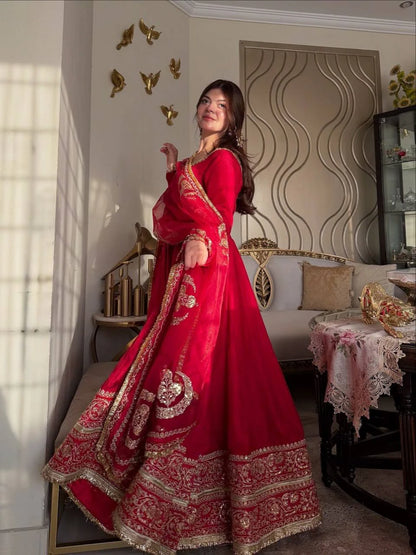 Red Designer Anarkali Suit Set with Dupatta for Women Wedding Festive Party Wear Ethnic Dress