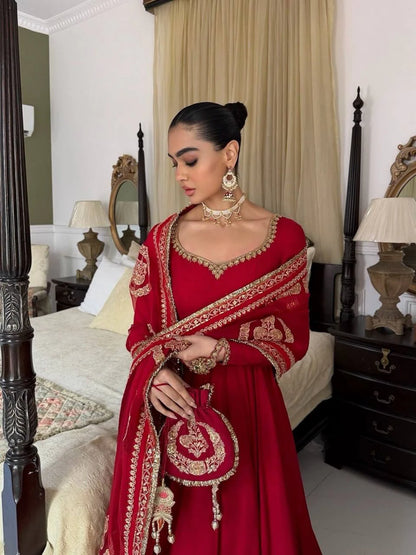 Red Designer Anarkali Suit Set with Dupatta for Women Wedding Festive Party Wear Ethnic Dress