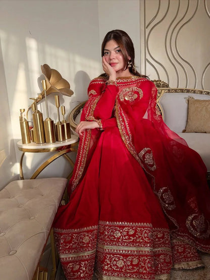 Red Designer Anarkali Suit Set with Dupatta for Women Wedding Festive Party Wear Ethnic Dress