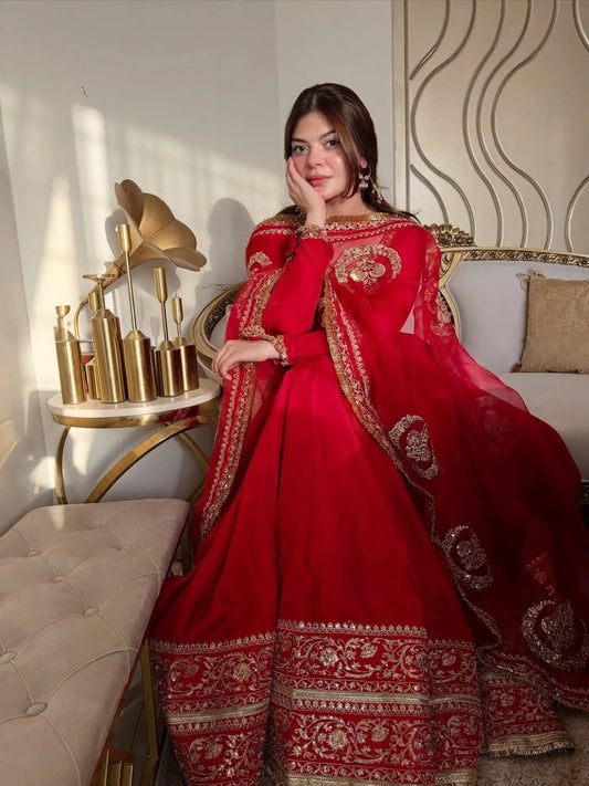 Red Designer Anarkali Suit Set with Dupatta for Women Wedding Festive Party Wear Ethnic Dress