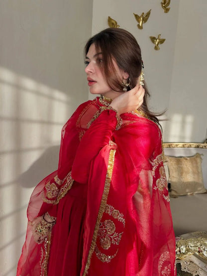 Red Designer Anarkali Suit Set with Dupatta for Women Wedding Festive Party Wear Ethnic Dress