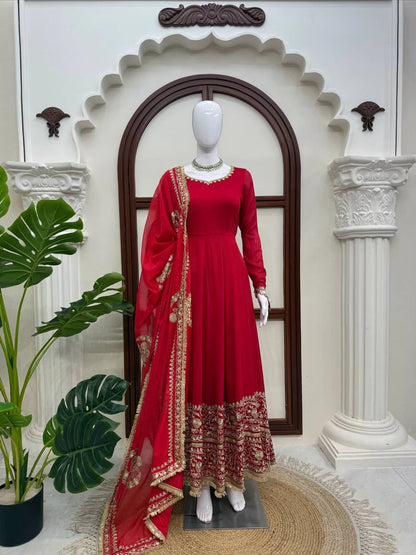 Red Designer Anarkali Suit Set with Dupatta for Women Wedding Festive Party Wear Ethnic Dress