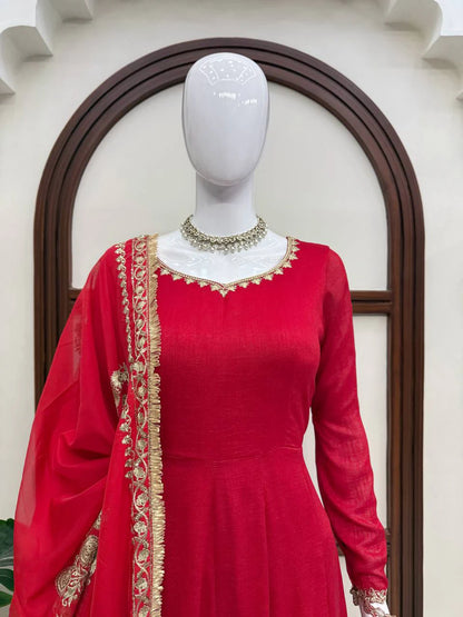 Red Designer Anarkali Suit Set with Dupatta for Women Wedding Festive Party Wear Ethnic Dress