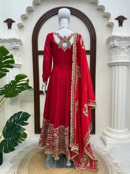 Red Designer Anarkali Suit Set with Dupatta for Women Wedding Festive Party Wear Ethnic Dress