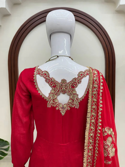 Red Designer Anarkali Suit Set with Dupatta for Women Wedding Festive Party Wear Ethnic Dress