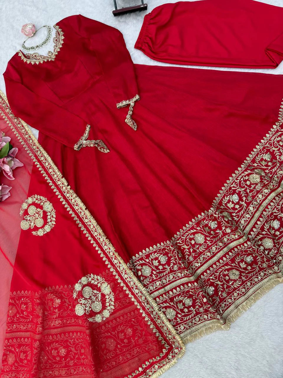 Red Designer Anarkali Suit Set with Dupatta for Women Wedding Festive Party Wear Ethnic Dress