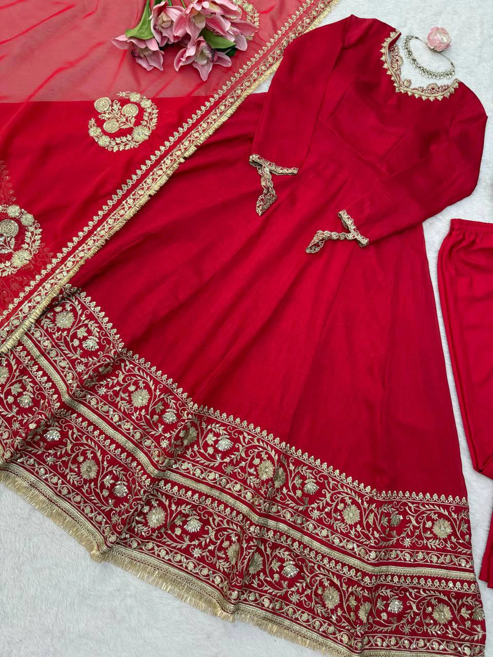 Red Designer Anarkali Suit Set with Dupatta for Women Wedding Festive Party Wear Ethnic Dress