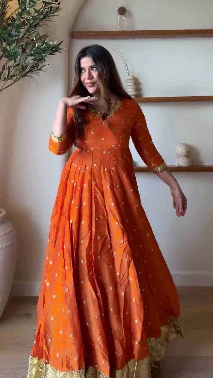 Orange Heavy Vichitra Silk Anarkali Lehenga Dupatta Set for Women Festive Wedding Party Wear Ethnic Dress