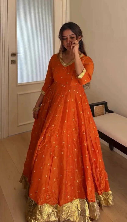 Orange Heavy Vichitra Silk Anarkali Lehenga Dupatta Set for Women Festive Wedding Party Wear Ethnic Dress