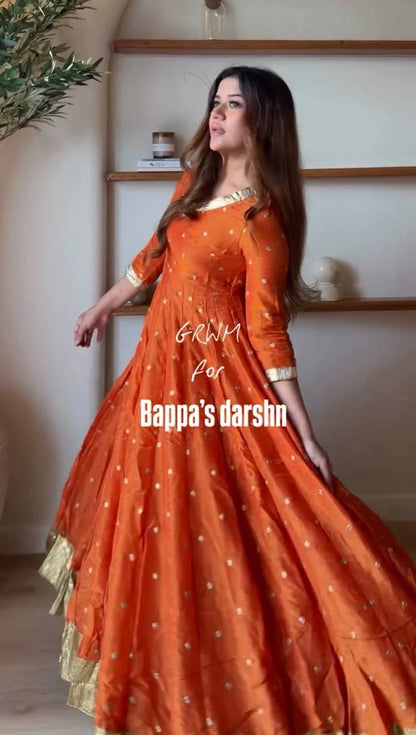 Orange Heavy Vichitra Silk Anarkali Lehenga Dupatta Set for Women Festive Wedding Party Wear Ethnic Dress