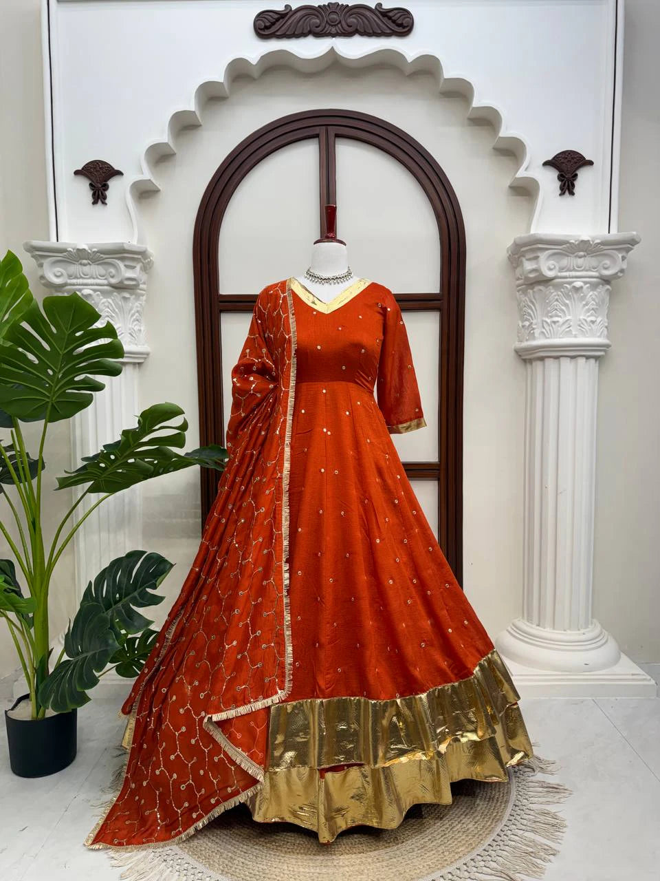 Orange Heavy Vichitra Silk Anarkali Lehenga Dupatta Set for Women Festive Wedding Party Wear Ethnic Dress