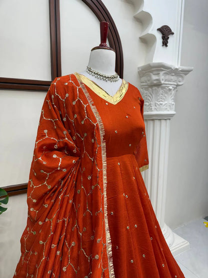 Orange Heavy Vichitra Silk Anarkali Lehenga Dupatta Set for Women Festive Wedding Party Wear Ethnic Dress