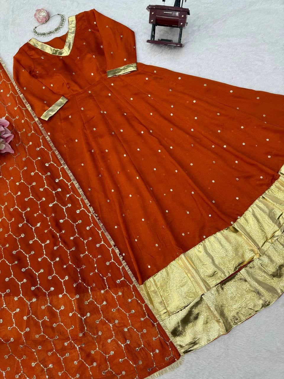 Orange Heavy Vichitra Silk Anarkali Lehenga Dupatta Set for Women Festive Wedding Party Wear Ethnic Dress