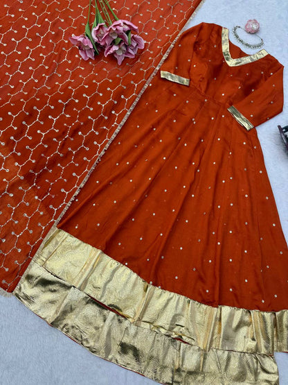 Orange Heavy Vichitra Silk Anarkali Lehenga Dupatta Set for Women Festive Wedding Party Wear Ethnic Dress