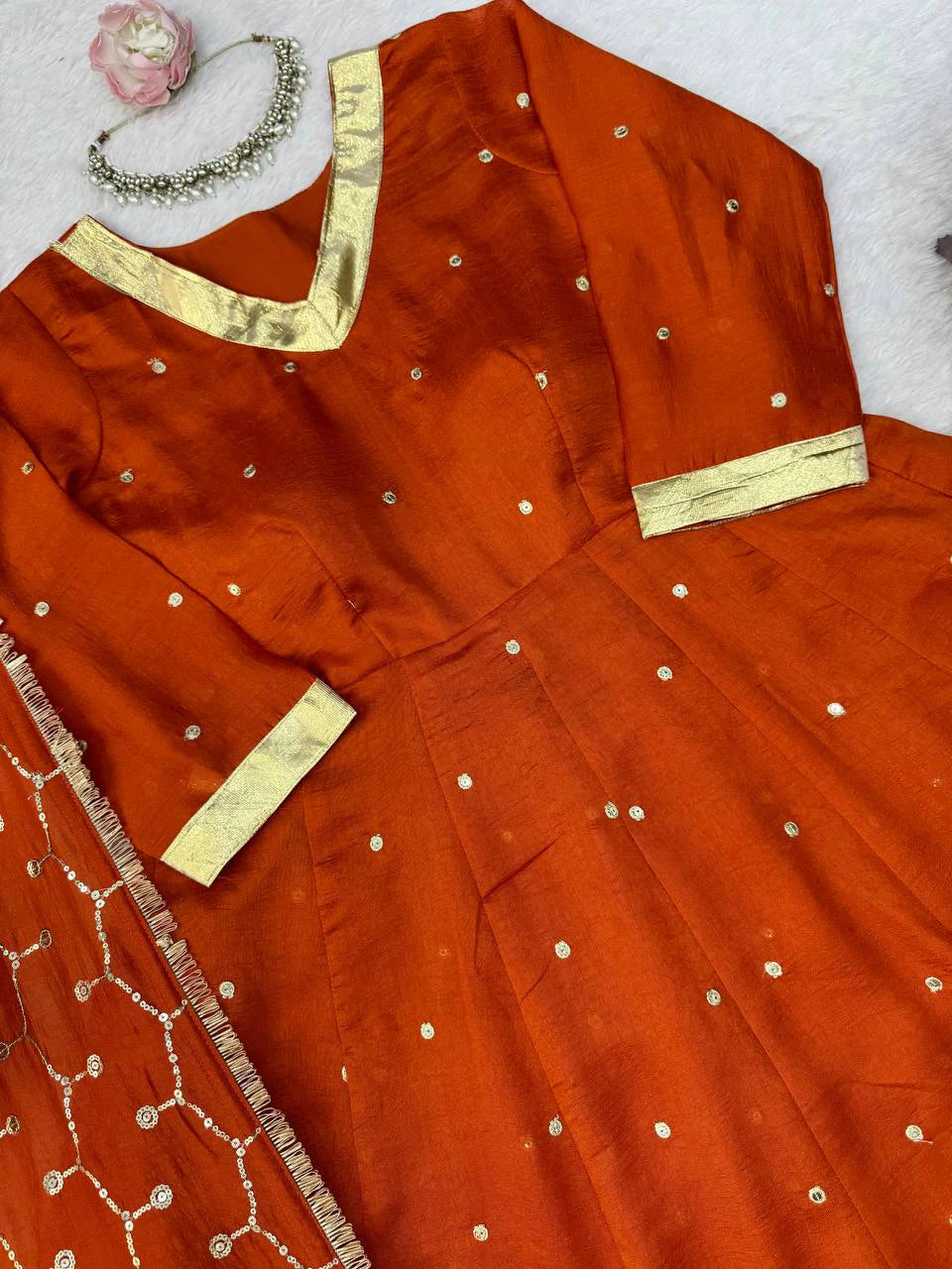 Orange Heavy Vichitra Silk Anarkali Lehenga Dupatta Set for Women Festive Wedding Party Wear Ethnic Dress