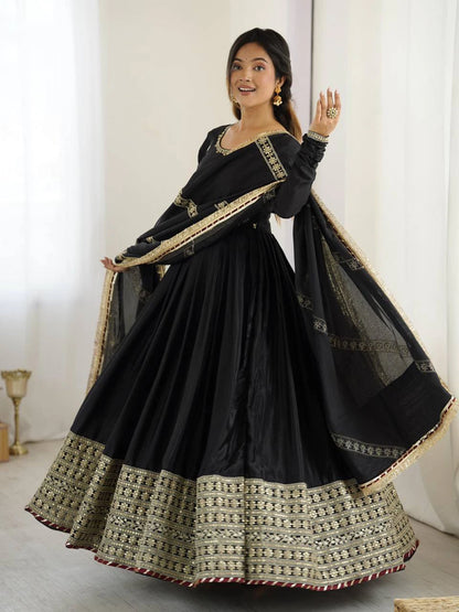 Black Chinon Thread Sequin Work Anarkali Pant Dupatta Set for Women Festive Wedding Party Wear Ethnic Dress